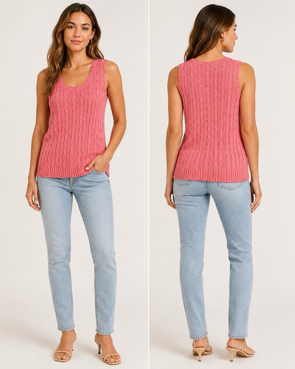Chico’s Dapper Tank Size 2/ L New Melon Linen Cotton Cable Knit Sleeveless NWT